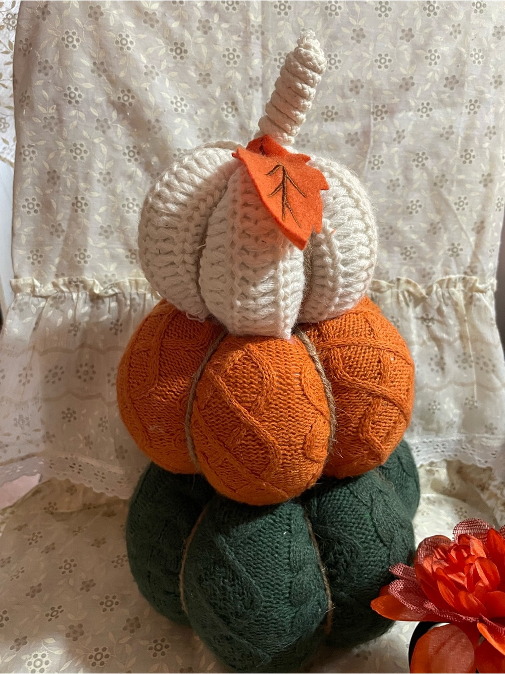 Handcrafted Trio Knit Pumpkin Stack - Cream, Orange & Green